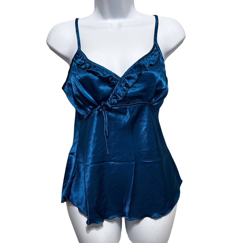 Satin Romantic Babydoll Cami L Teal Ruffle Trim Y2K Coquette Lingerie Style Top
